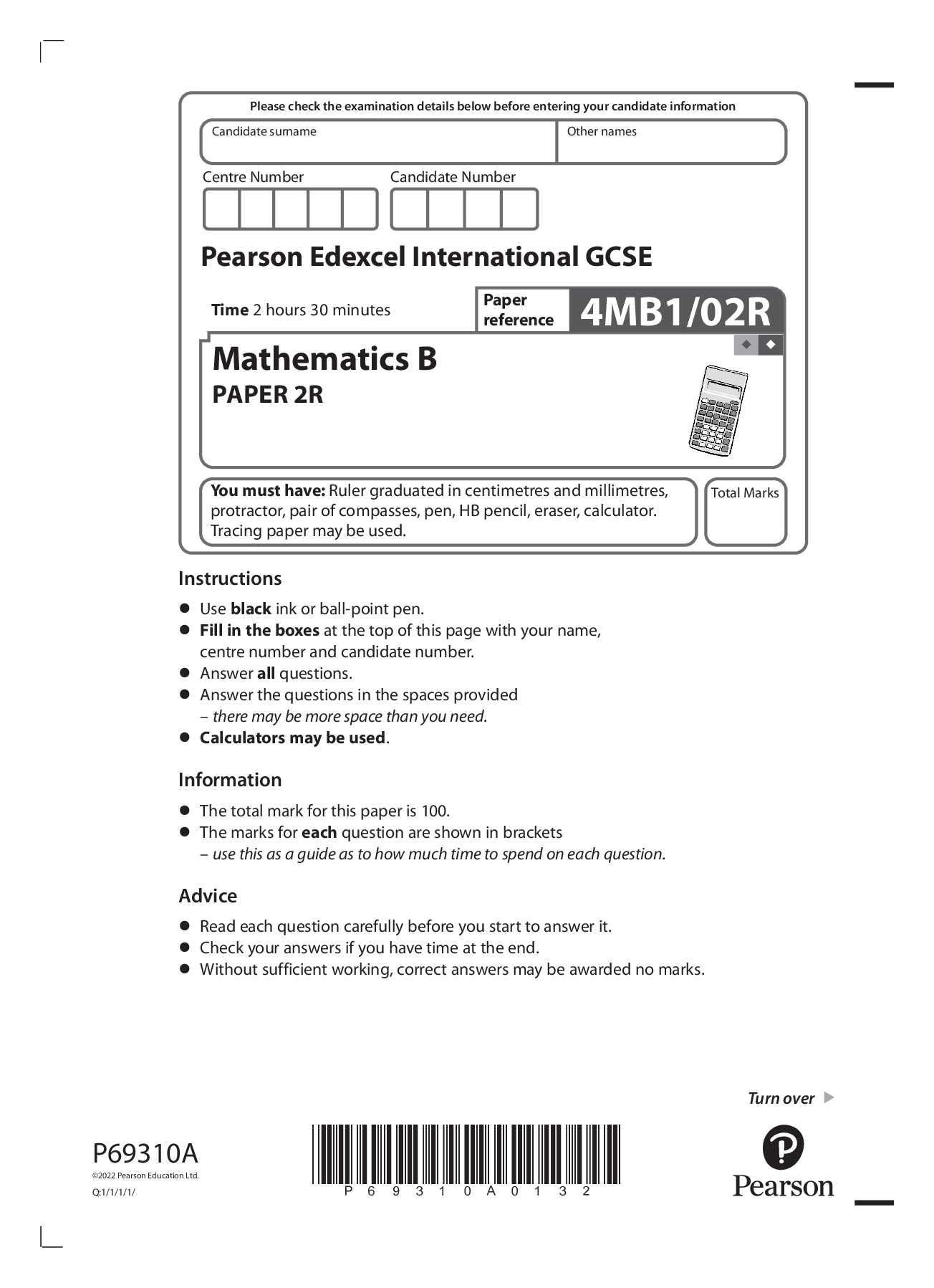 Preview image for 2022 pearson june booklet + mark scheme Edexcel International GCSE 4MB1/02R Mathematics B PAPER 2R